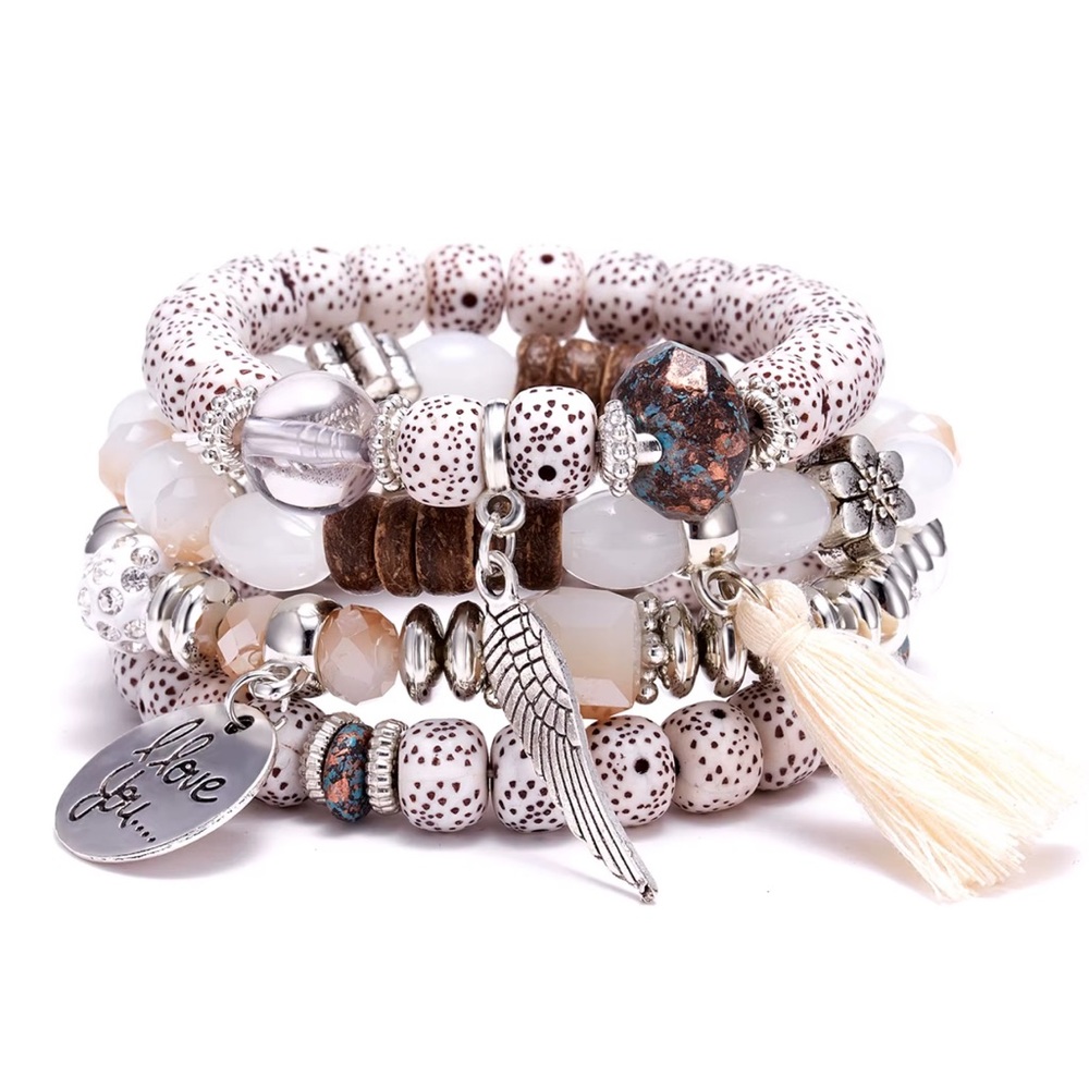 BOHO Stretchy Stackable Beaded Silver & Gold Tone 'I Love You' Charm Bracelet